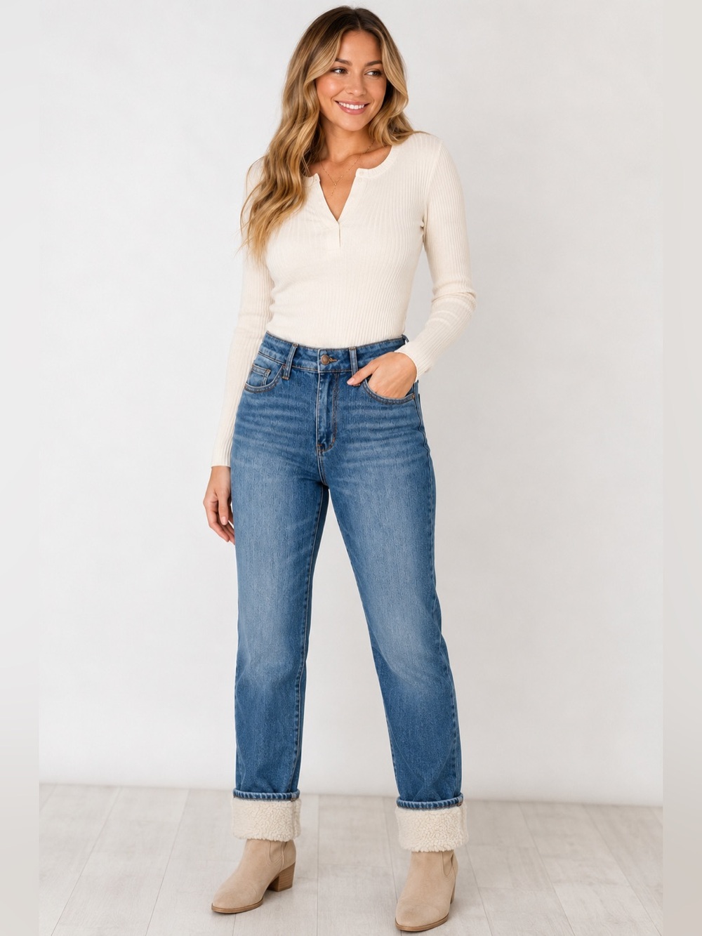 Judy Blue JB88890 High Waist Shearling Cuff Straight Leg Jeans Size 3/26